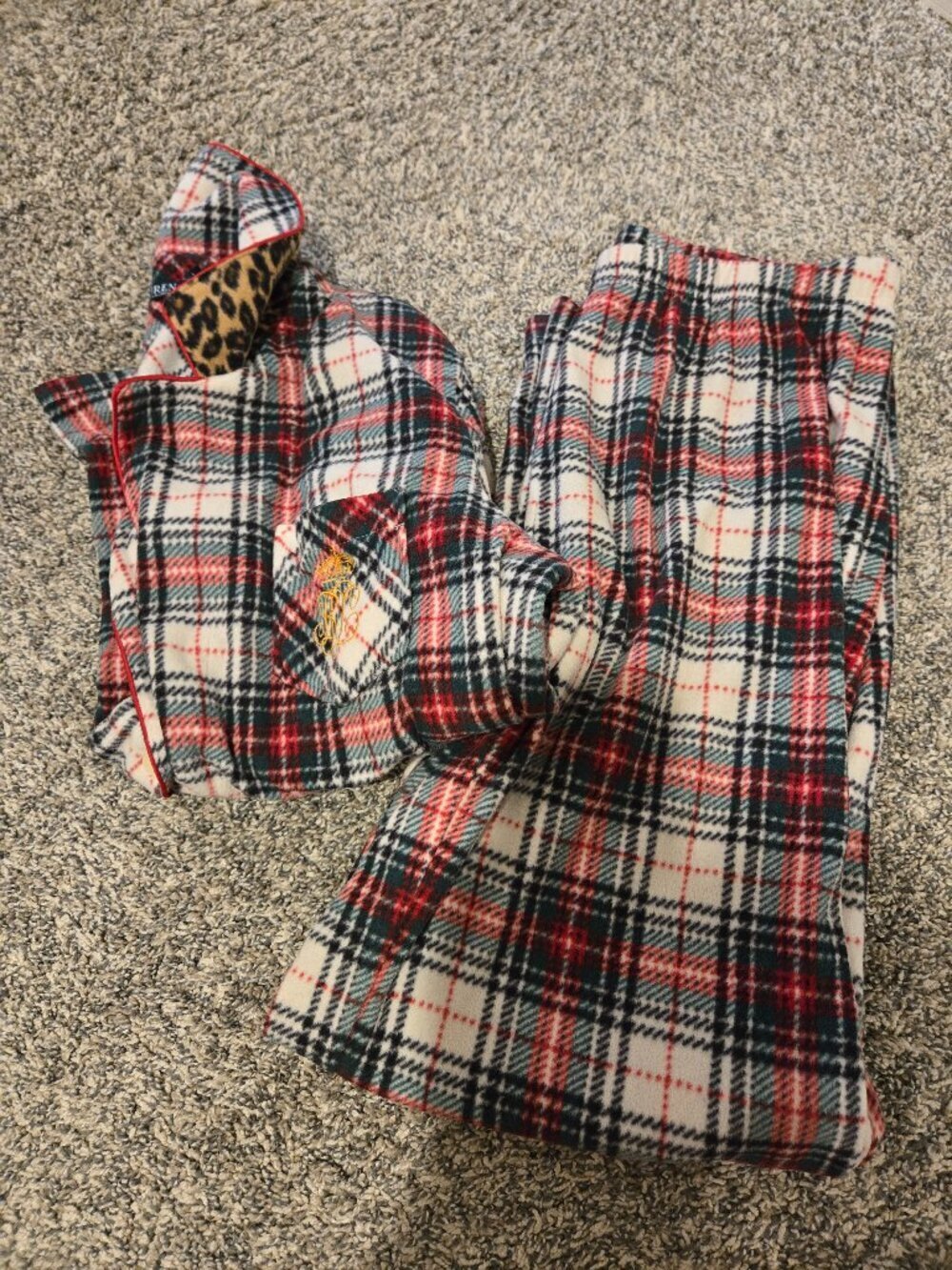 Lauren Ralph Lauren Tartan Plaid Monogram Fleece Pajamas L